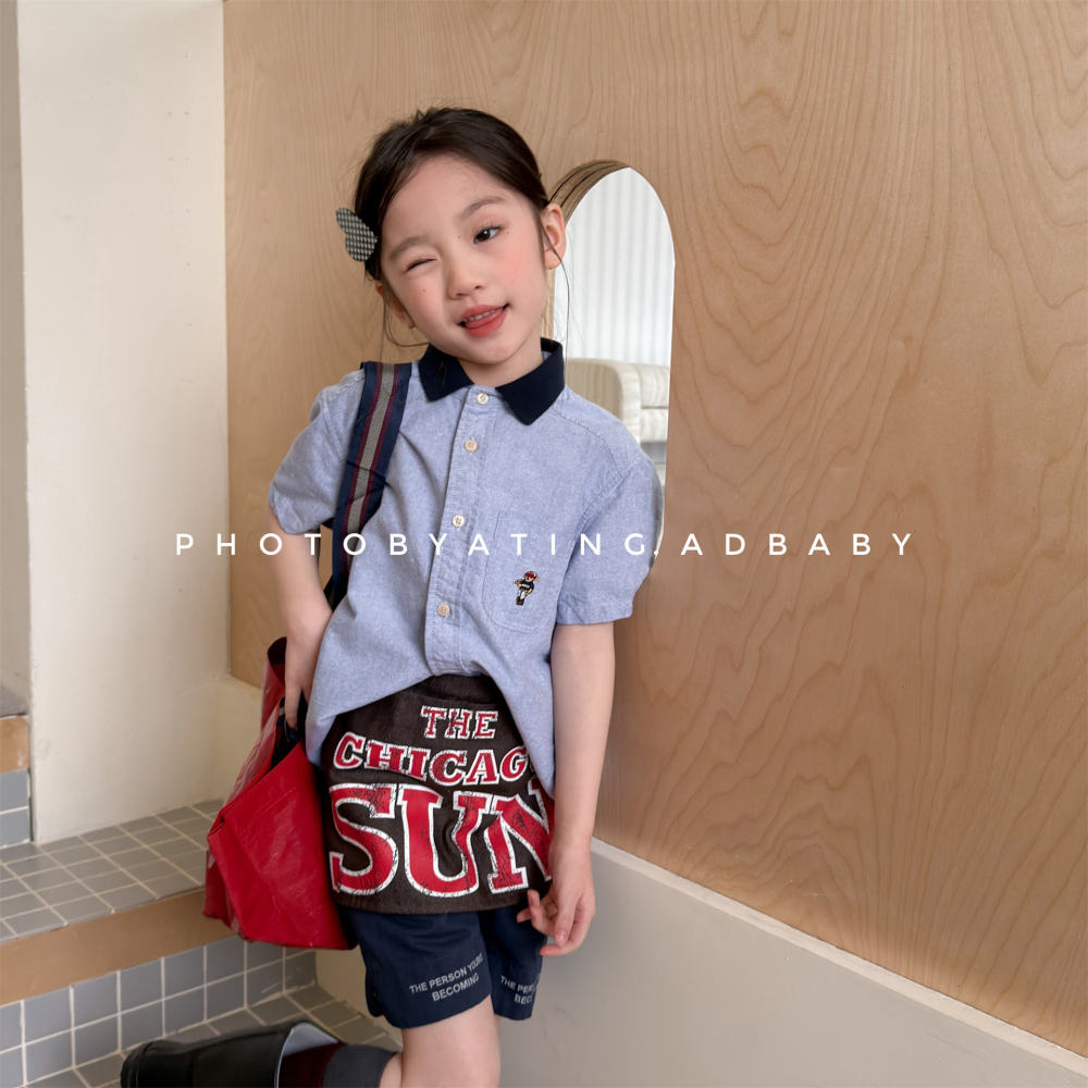 湖州织里童装夏季儿童夏装韩版刺绣短袖衬衫男童夏款女童衬衣7237