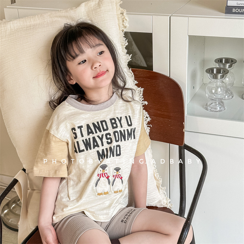 湖州织里童装儿童韩版短袖印花+刺绣女童夏装T恤男童打底衫 5257