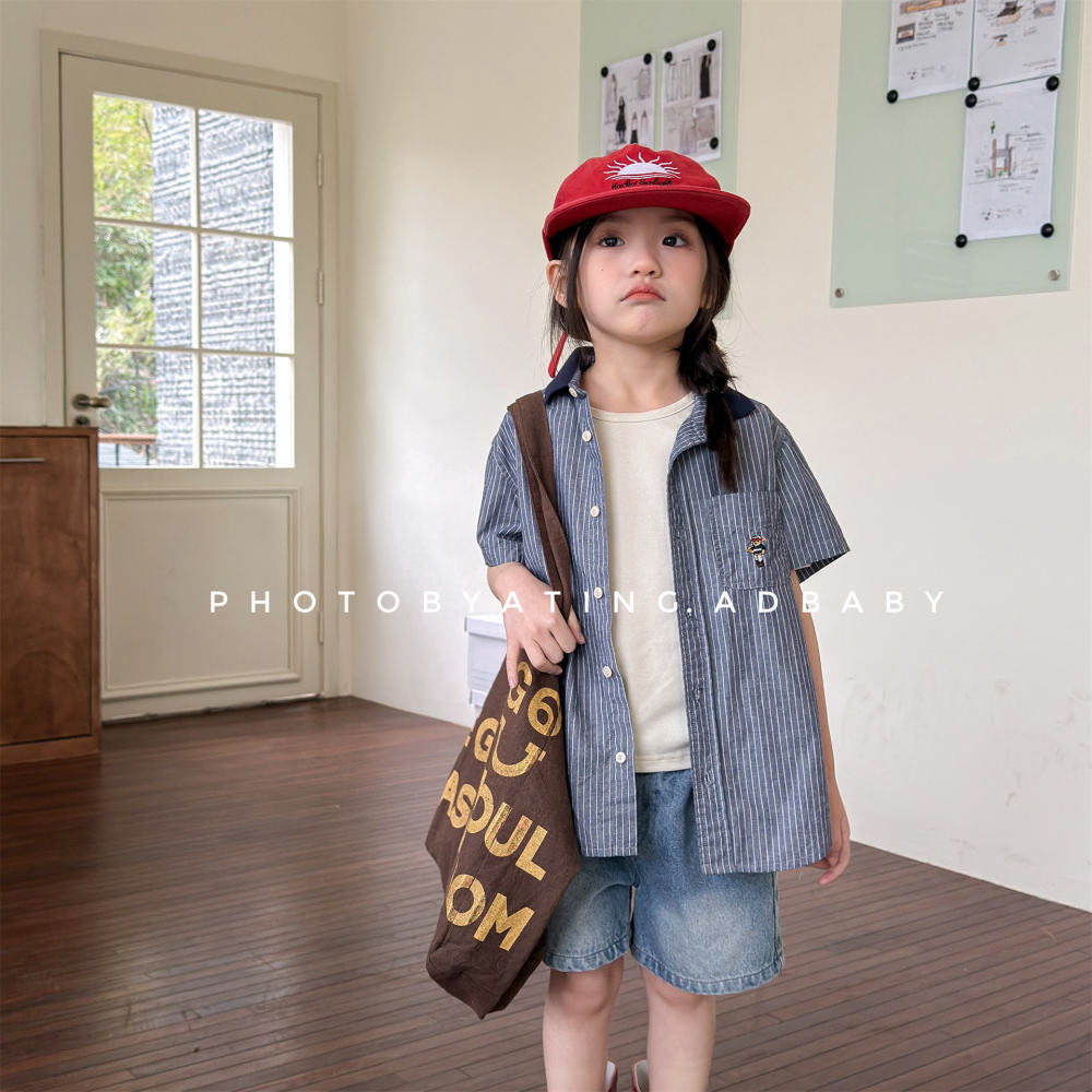 湖州织里童装夏季儿童夏装韩版刺绣短袖衬衫男童夏款女童衬衣7237