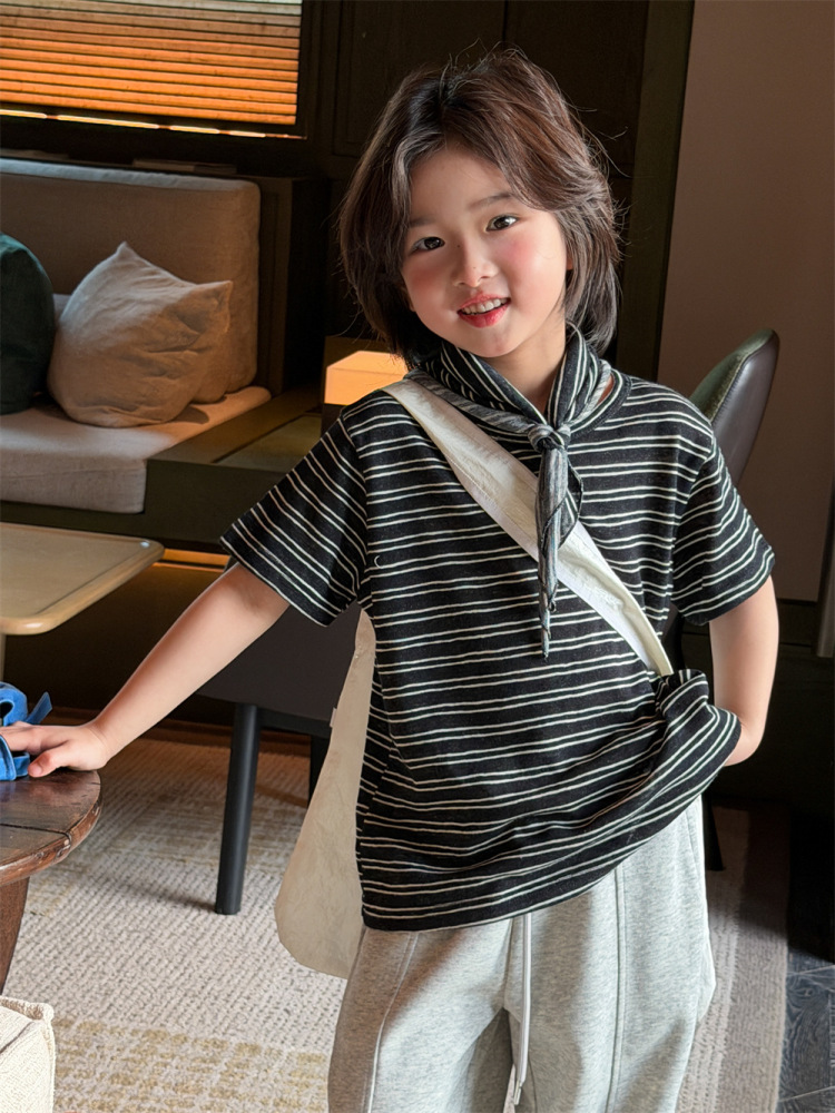2026夏季新款韩版儿童条纹百搭短袖男女童六色简约款T恤带三角巾