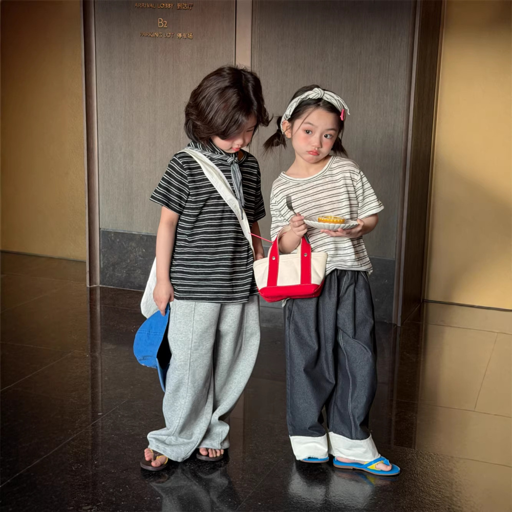 2026夏季新款韩版儿童条纹百搭短袖男女童六色简约款T恤带三角巾