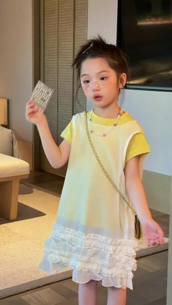 2026夏季新款韩版女童洋气网纱背心裙女孩甜美清新下摆花边公主裙