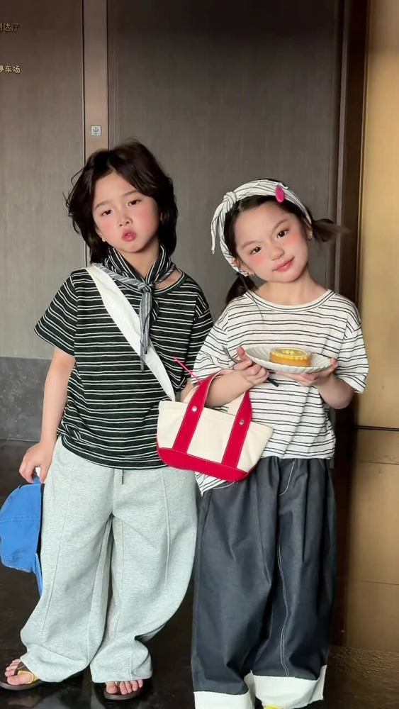 2026夏季新款韩版儿童条纹百搭短袖男女童六色简约款T恤带三角巾