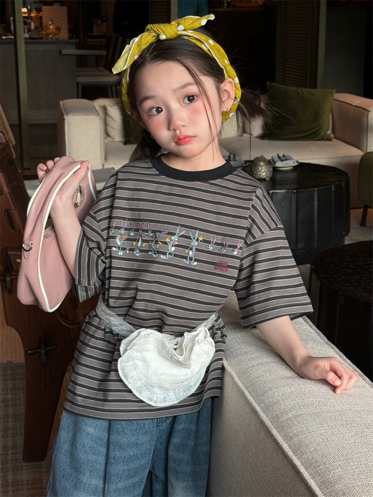 童t恤2026春夏新款童装儿童卡通条纹短袖男女童可爱兔子印花T恤