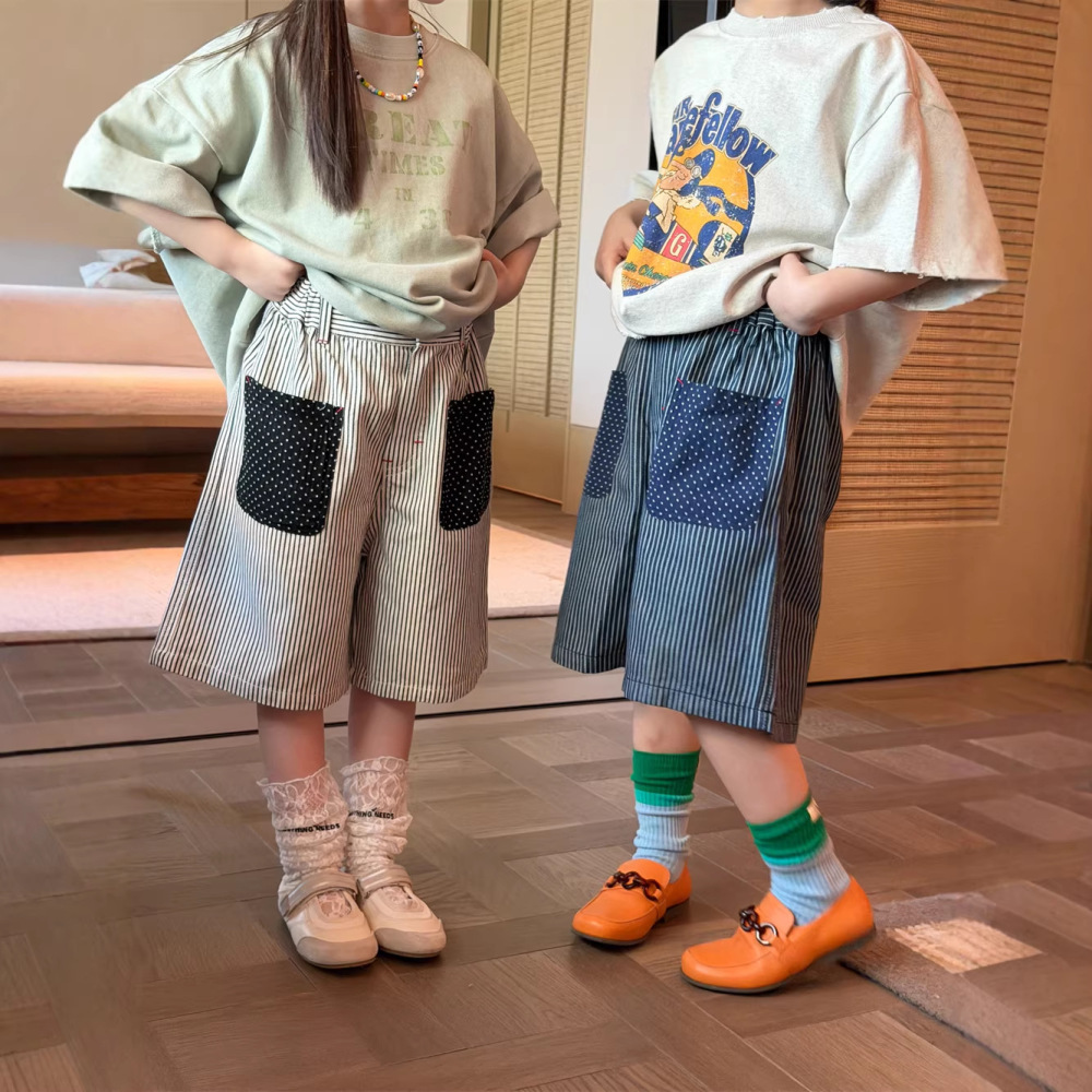 2026春夏新款儿童日系百搭条纹中裤男女童时尚贴标牛仔五分裤洋气