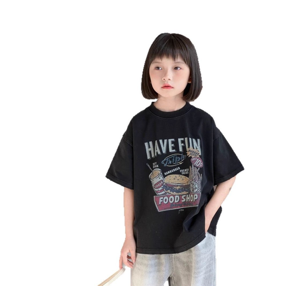 2026夏季新款韩版儿童可乐汉堡印花短袖男女童时尚宽松圆领T恤潮