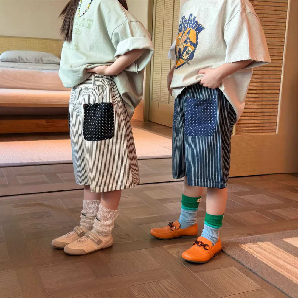 2026春夏新款儿童日系百搭条纹中裤男女童时尚贴标牛仔五分裤洋气