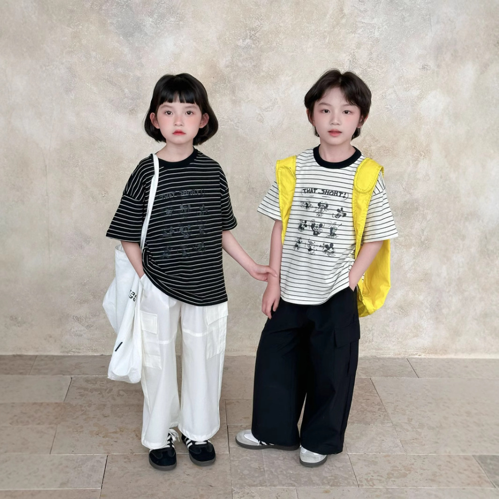 2026夏季新品韩版儿童卡通条纹短袖男女童百搭圆领T恤上衣洋气