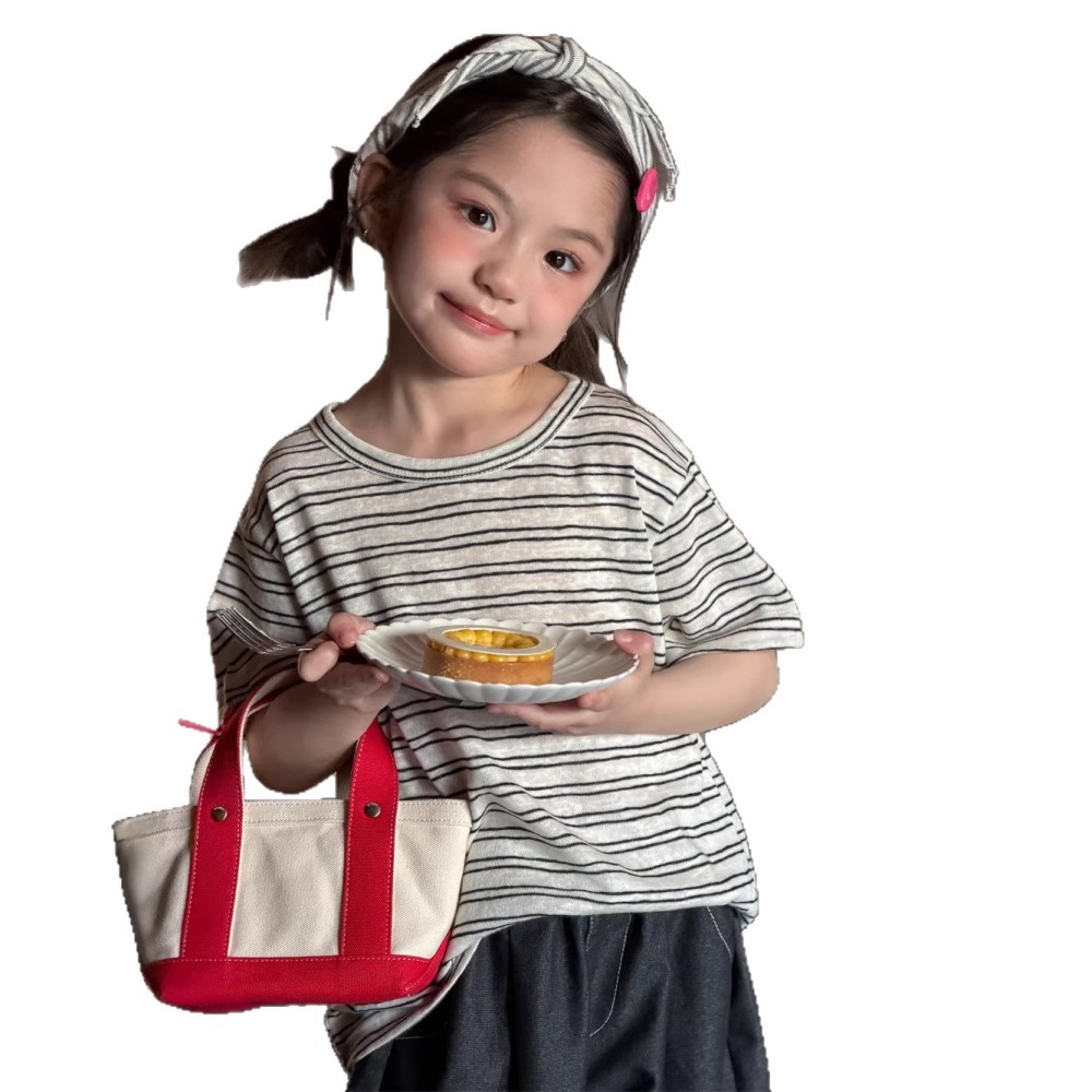 2026夏季新款韩版儿童条纹百搭短袖男女童六色简约款T恤带三角巾