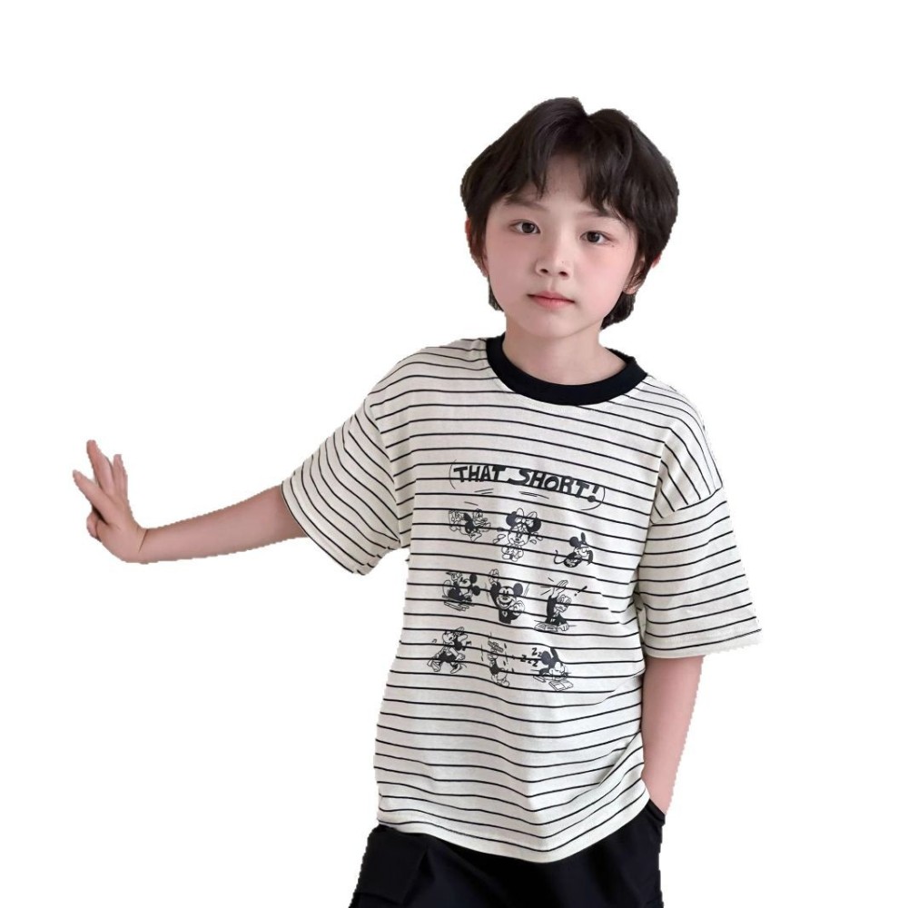 2026夏季新品韩版儿童卡通条纹短袖男女童百搭圆领T恤上衣洋气