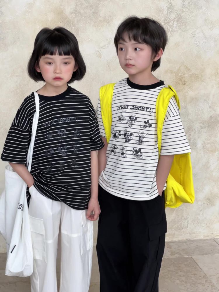 2026夏季新品韩版儿童卡通条纹短袖男女童百搭圆领T恤上衣洋气