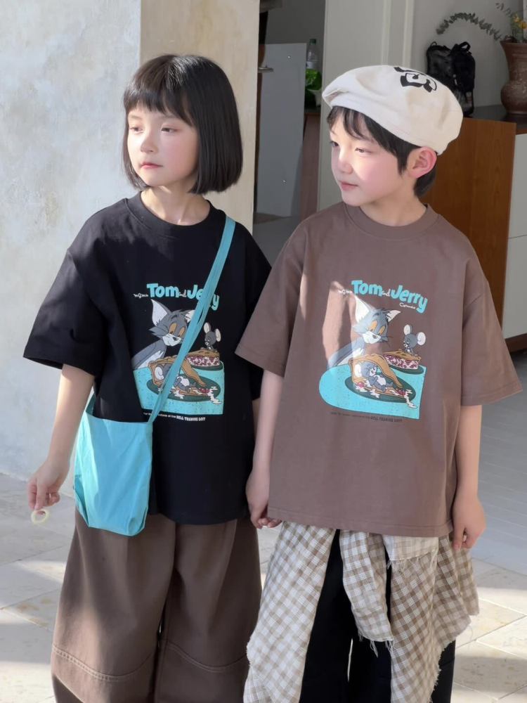童短袖2026夏新品韩版儿童卡通猫咪短袖男女童宽松圆领t恤上衣