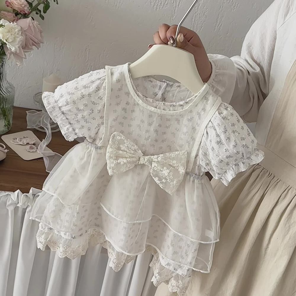 点兮夏季新款婴幼儿蝴蝶结背心裙套装女宝宝韩系碎花连衣裙两件套