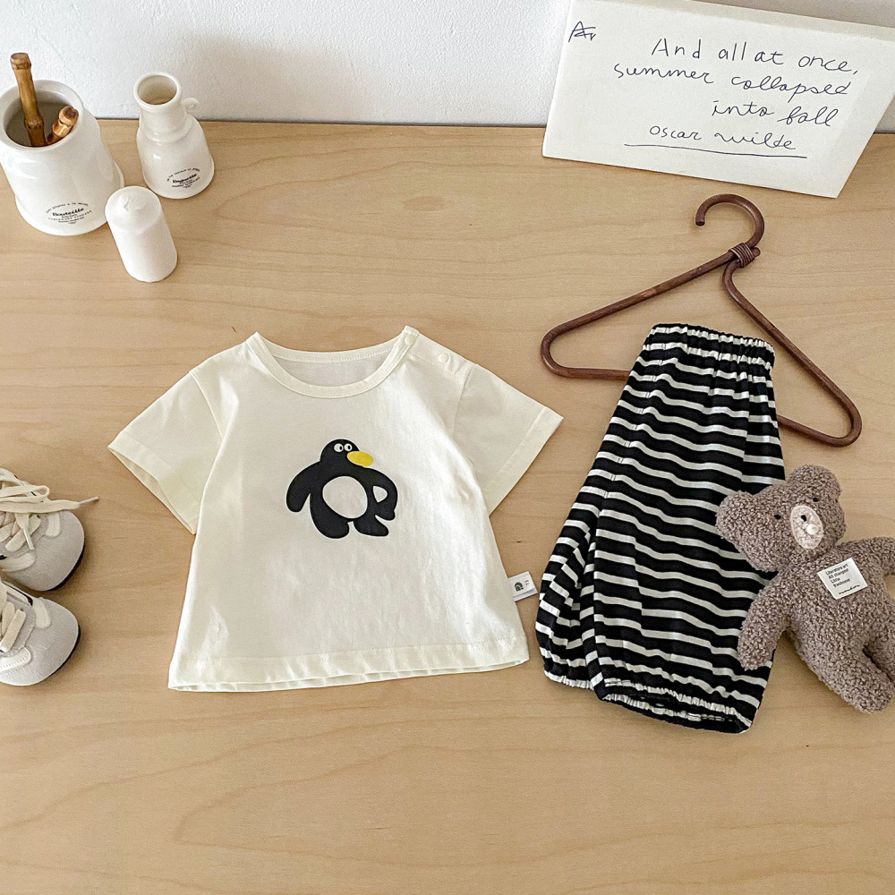 点兮婴幼儿韩版卡通T恤套装宝宝夏季新款休闲洋气短T条纹裤两件套