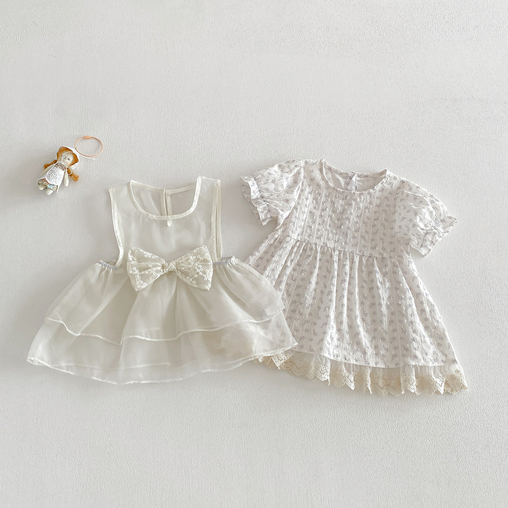 点兮夏季新款婴幼儿蝴蝶结背心裙套装女宝宝韩系碎花连衣裙两件套