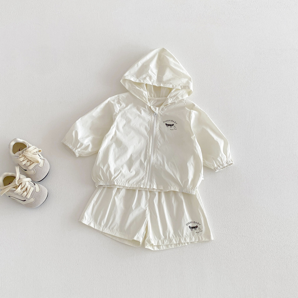 点兮夏季新款婴幼儿韩系简约防晒服套装宝宝连帽外套短裤两件套潮