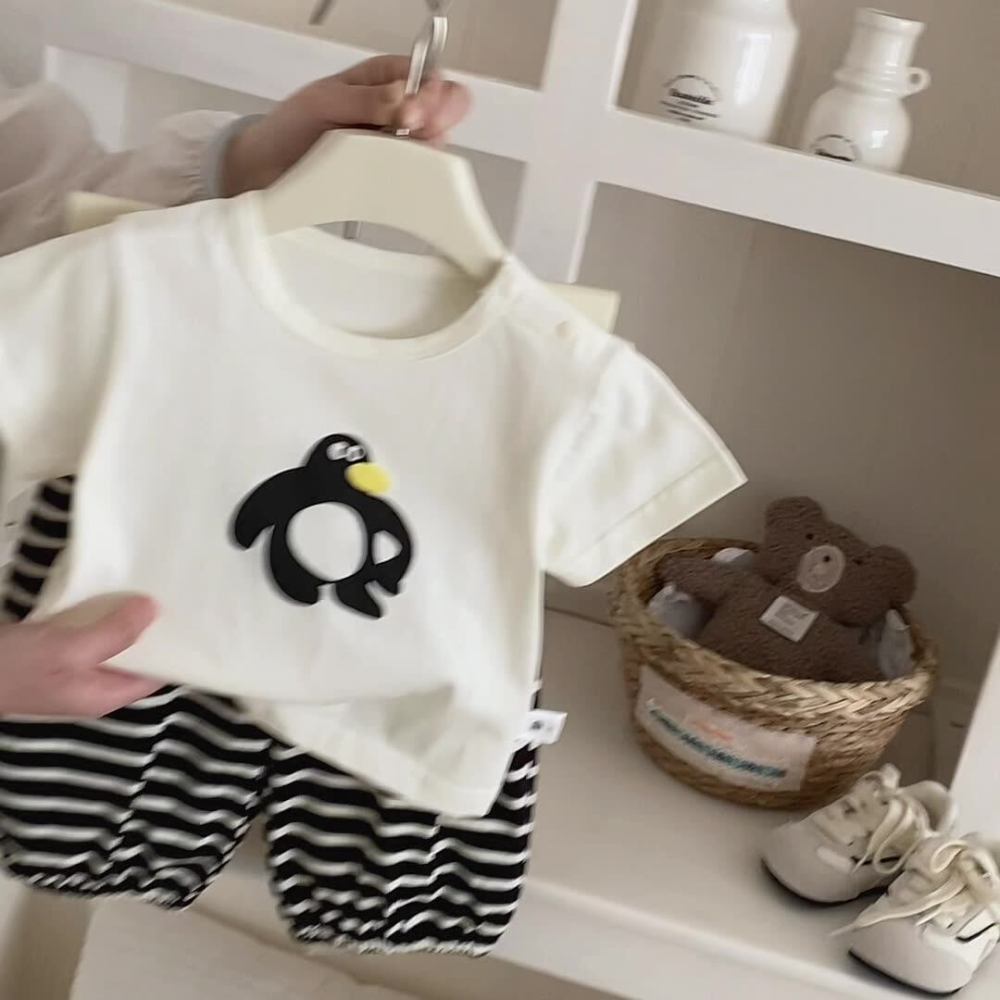 点兮婴幼儿韩版卡通T恤套装宝宝夏季新款休闲洋气短T条纹裤两件套