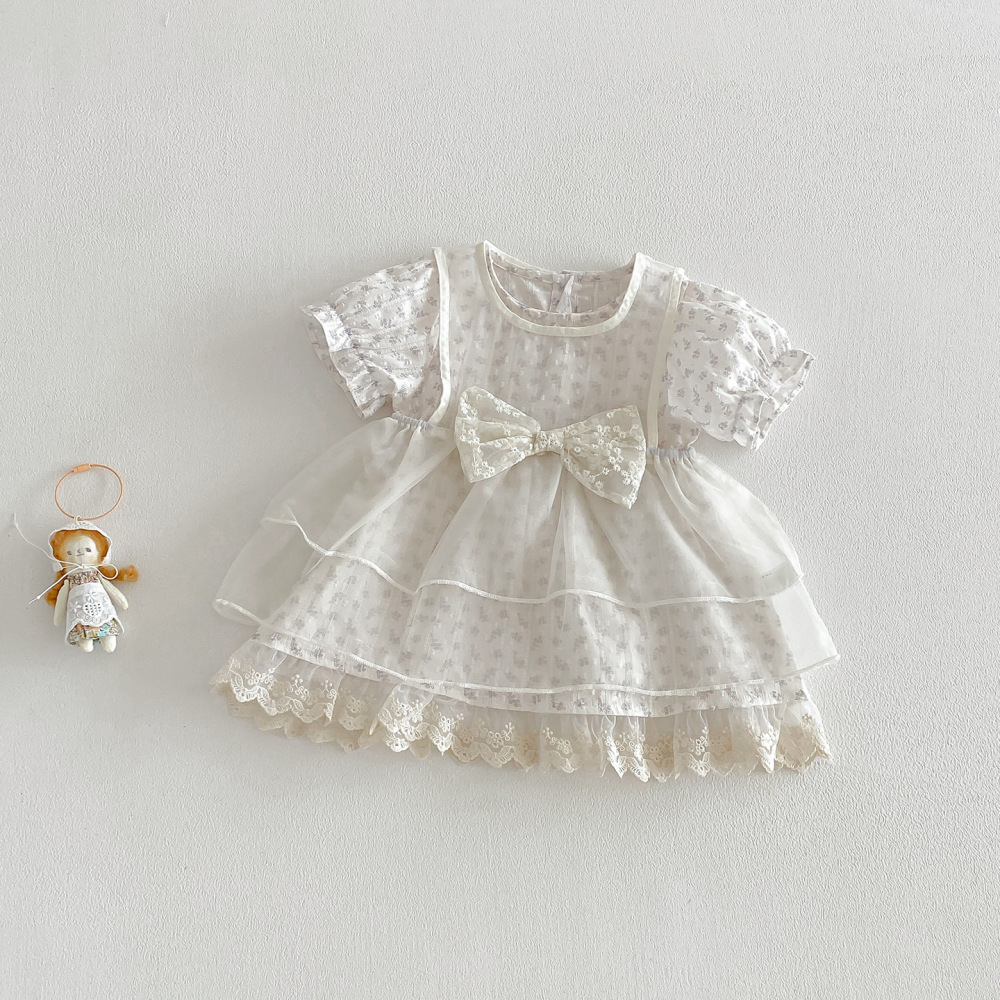 点兮夏季新款婴幼儿蝴蝶结背心裙套装女宝宝韩系碎花连衣裙两件套