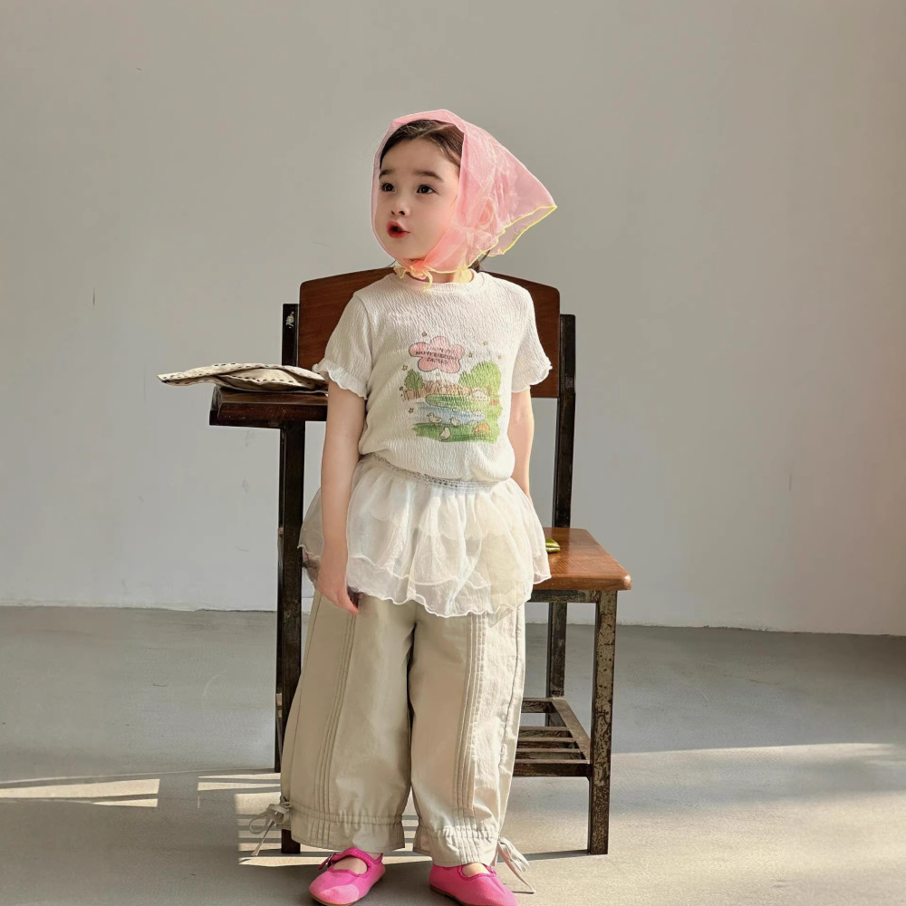 女童夏季套装2026新款小女孩韩系工艺卡通短袖工装蝴蝶结休闲裤