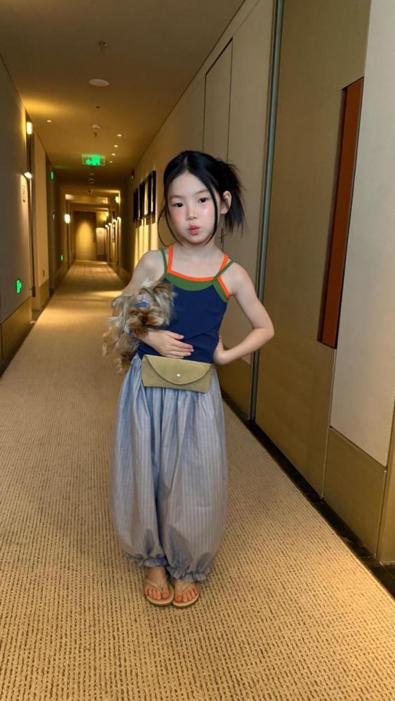 女童背心套26夏季韩系中大童吊带拼色ins风交叉背心阔腿防蚊裤