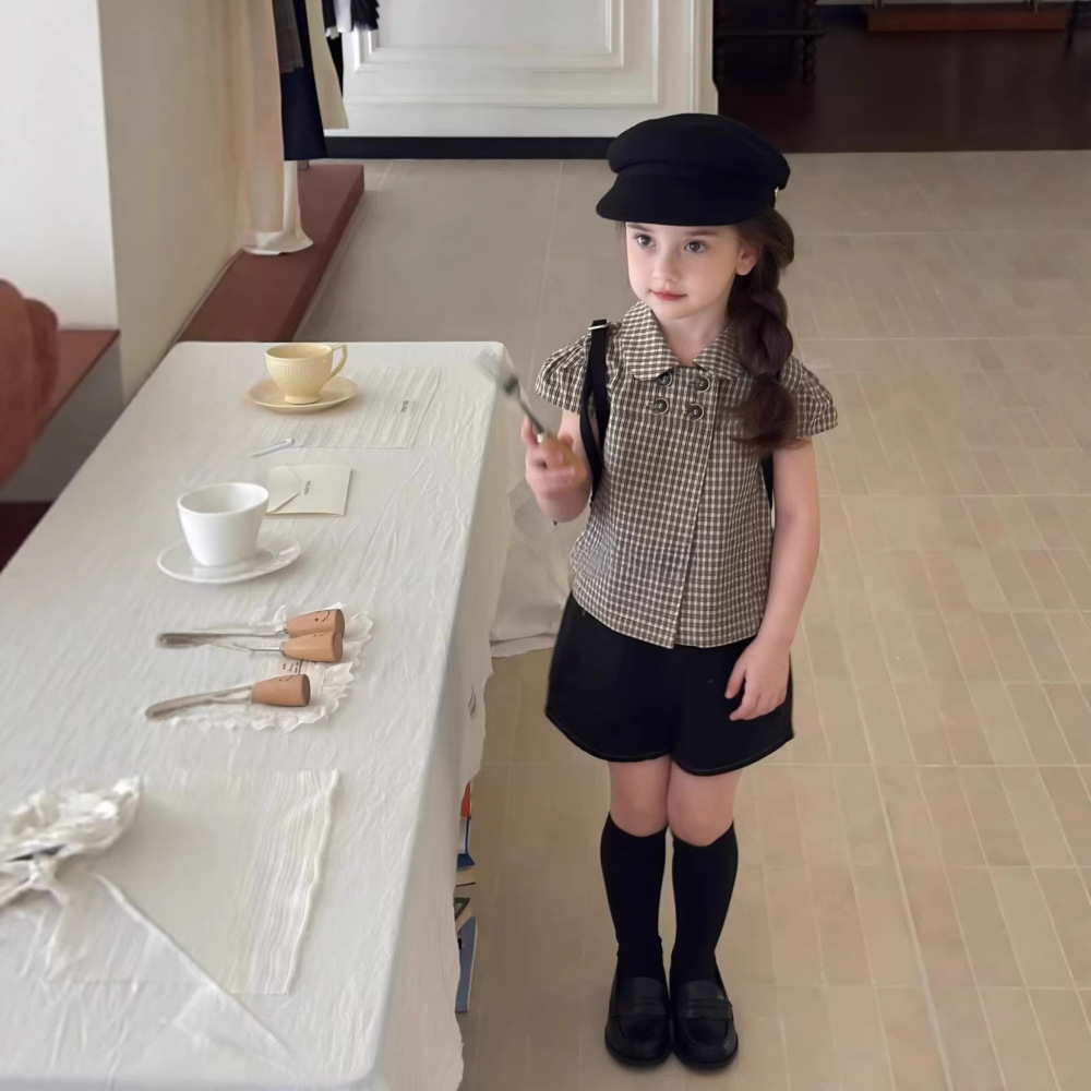 织里童装女童套装英伦风格子翻领衬衣简约牛仔短裤26夏季