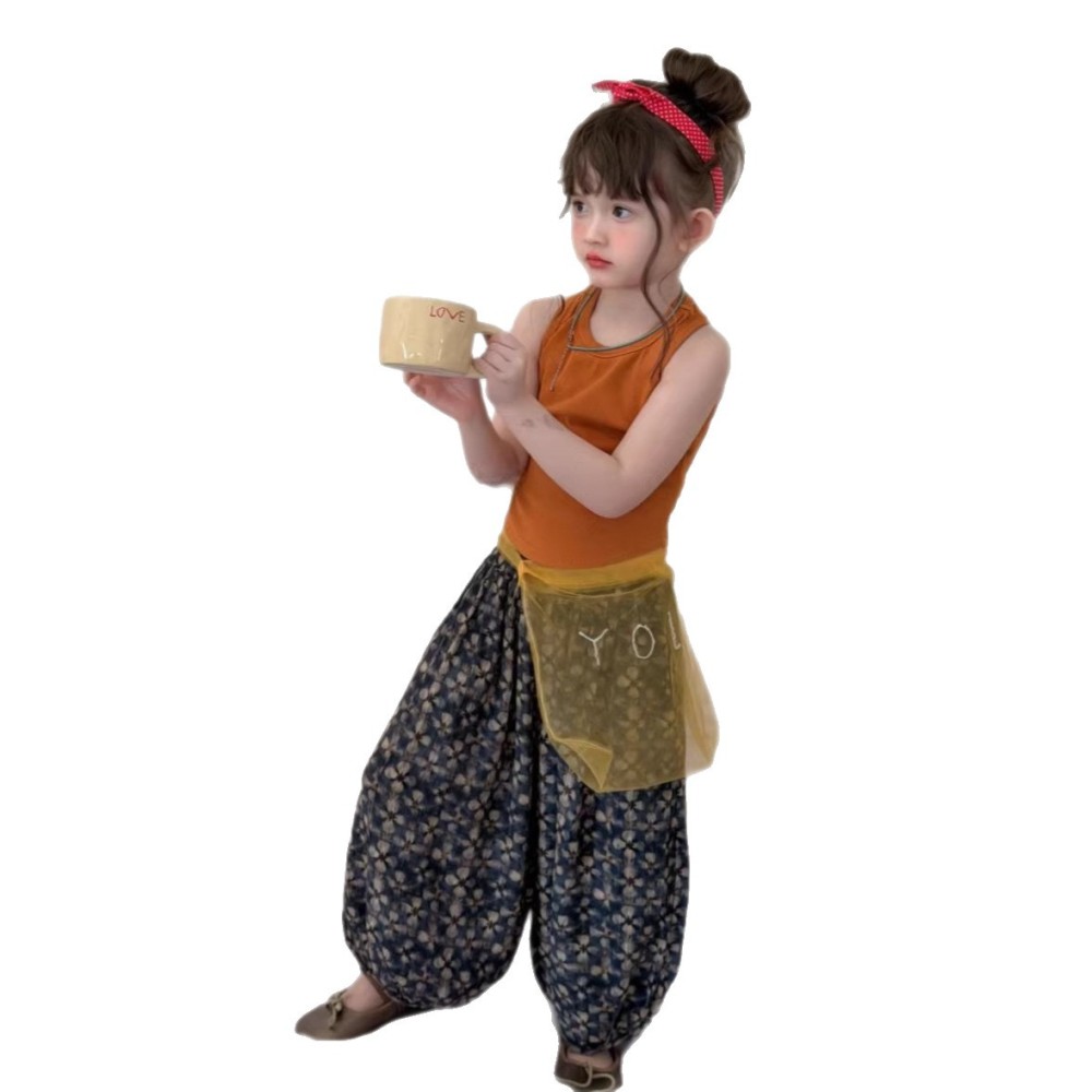 织里童装女童套装日杂风26夏季简式工字背心+碎花灯笼裤两件套