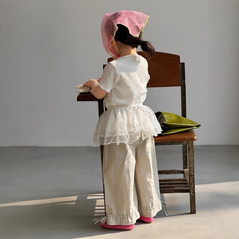 女童夏季套装2026新款小女孩韩系工艺卡通短袖工装蝴蝶结休闲裤