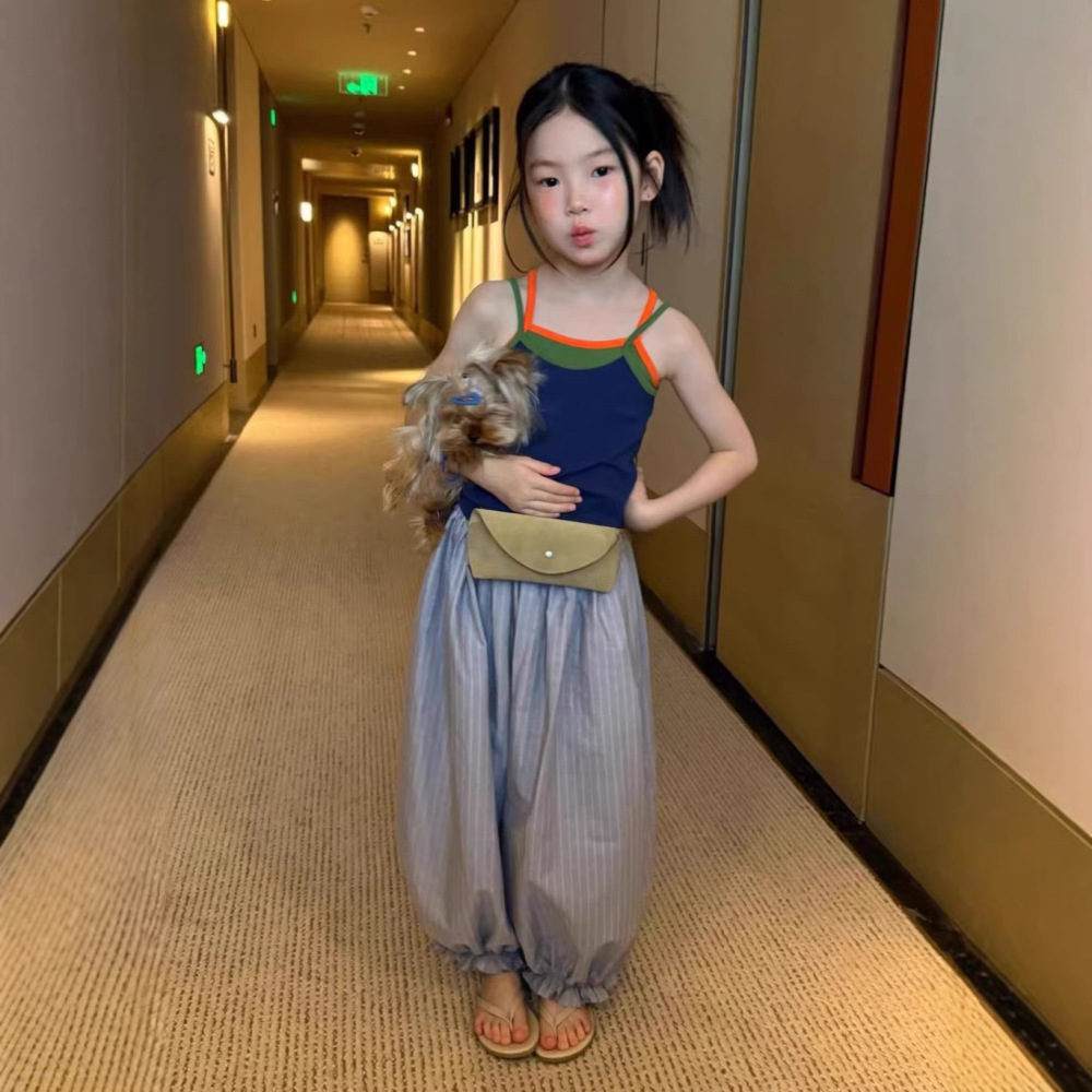 女童背心套26夏季韩系中大童吊带拼色ins风交叉背心阔腿防蚊裤