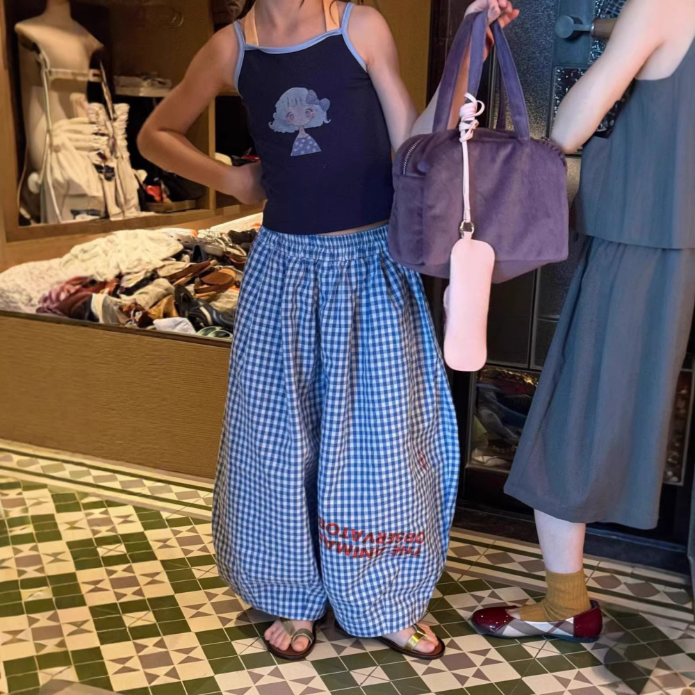 女童套装26夏季织里童装中大童卡通洋气背心儿童休闲格子灯笼裤