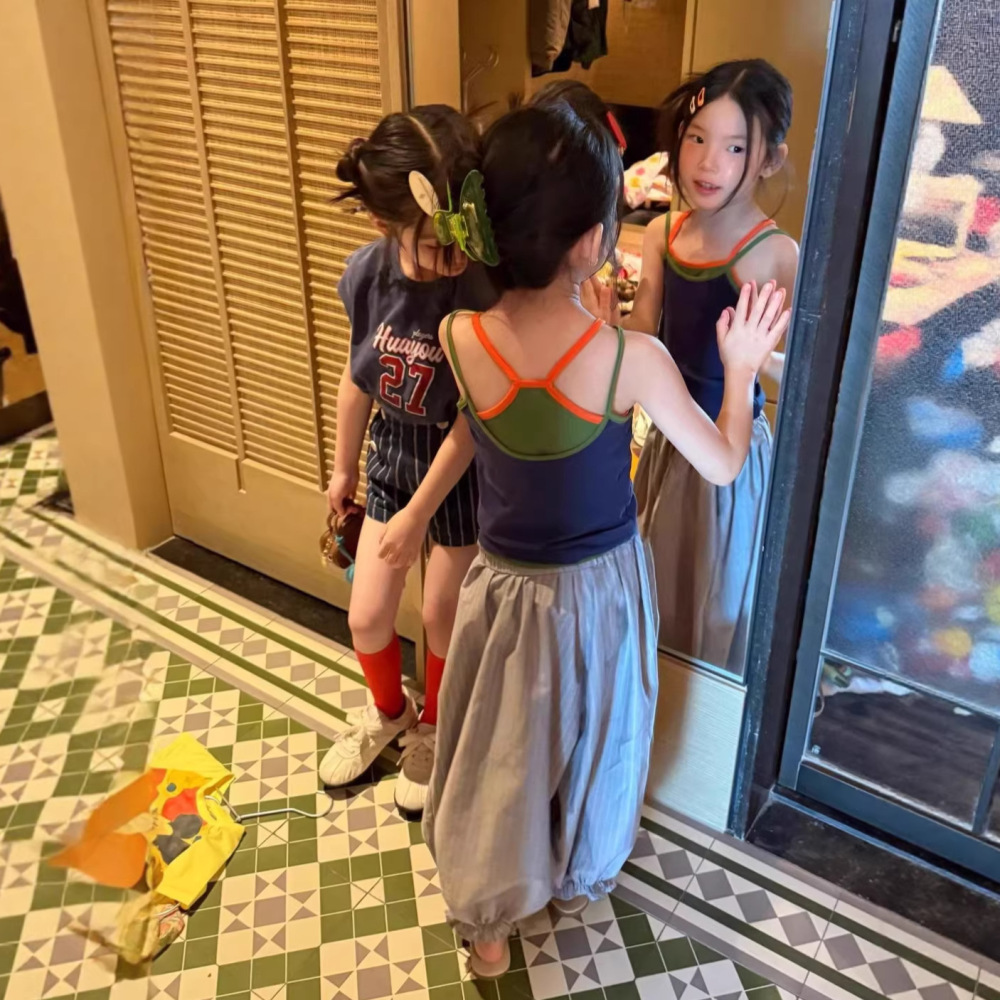 女童背心套26夏季韩系中大童吊带拼色ins风交叉背心阔腿防蚊裤