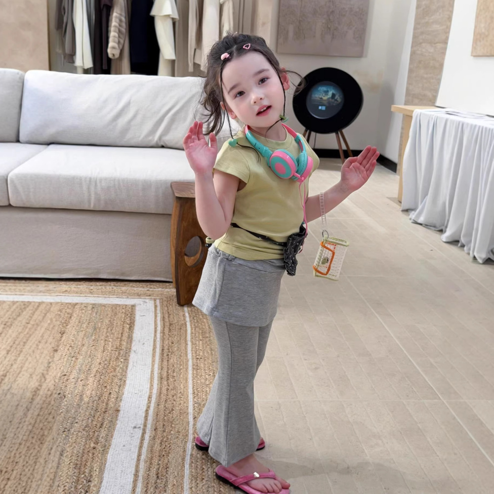 韩国童装26夏季女童休闲套装女宝洋气甜酷短袖儿童假两件微喇裤套