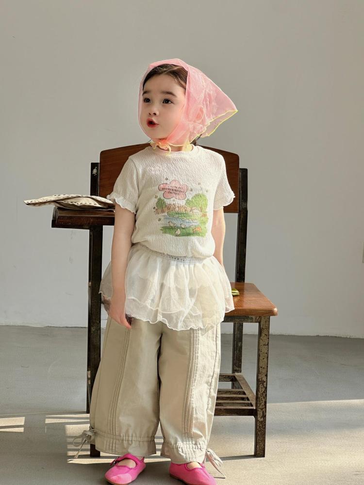 女童夏季套装2026新款小女孩韩系工艺卡通短袖工装蝴蝶结休闲裤