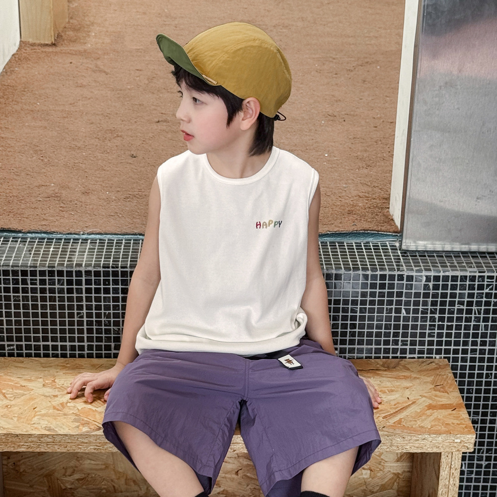【加工定制】夏季新款时尚彩色字母刺绣宝宝无袖百搭圆领儿童背心