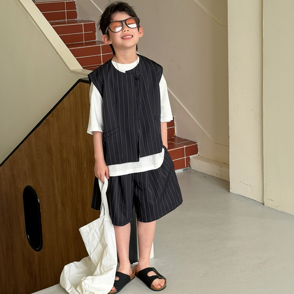 棉小铺男童夏季套装儿童韩版2026新款条纹西装马甲短裤童装两件套