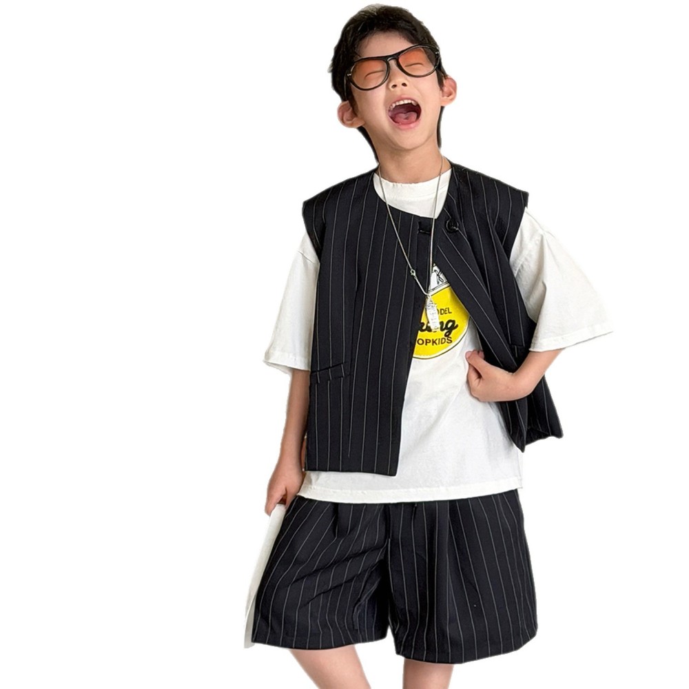 棉小铺男童夏季套装儿童韩版2026新款条纹西装马甲短裤童装两件套