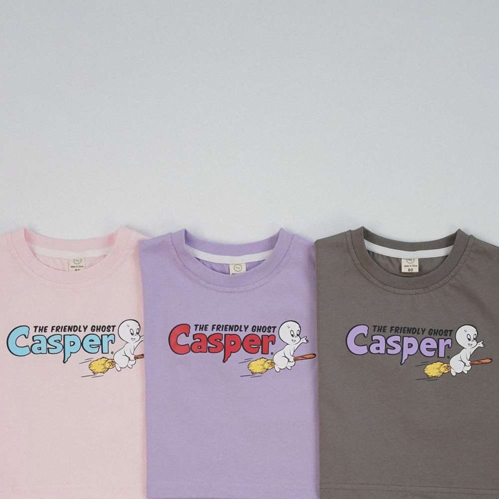 casper春季纯棉日式宽松儿童小精灵字母短袖亲子家庭亲子装t恤