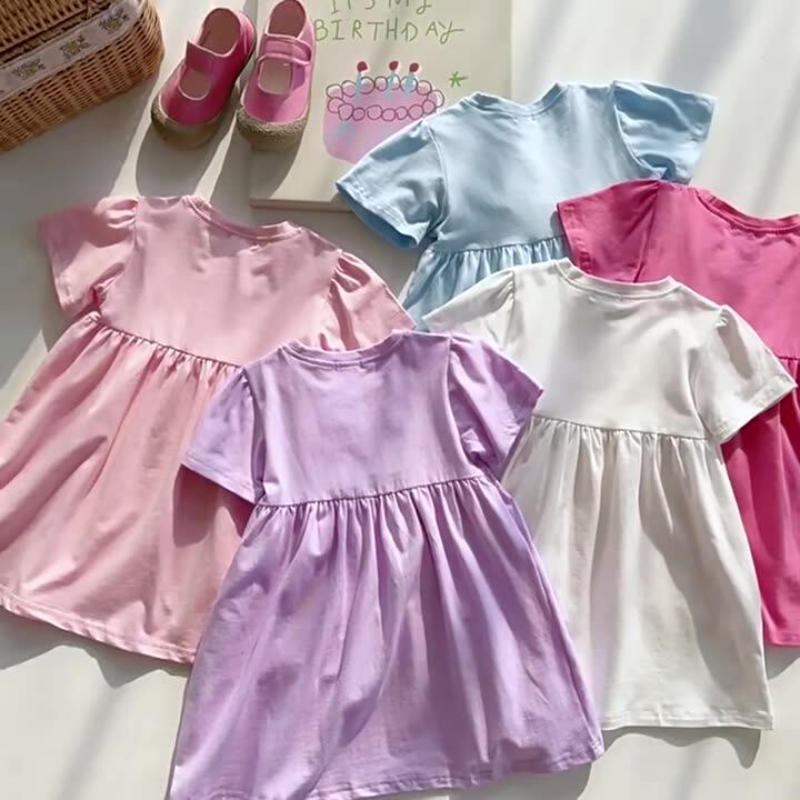 夏季短袖连衣裙纯色女童休闲裙子宽松童T裙可爱针织公主裙跨境