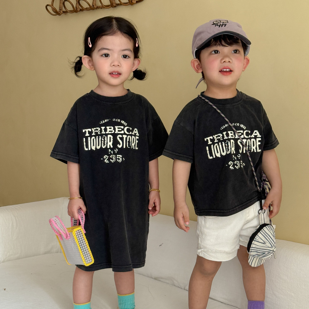 女童连衣裙夏季做旧纯棉儿童2026新款男童短袖T恤上衣宝宝兄妹装