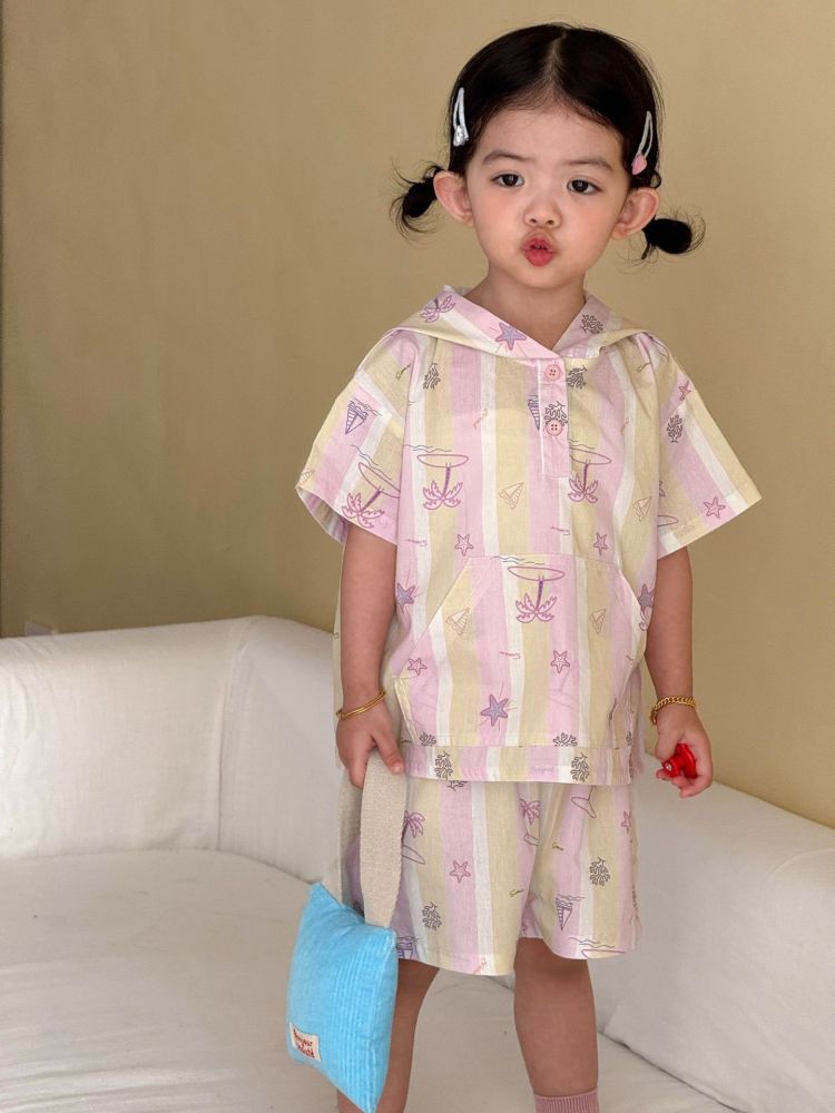 儿童夏季套装连帽女童宽松休闲条纹2026新款男童短袖短裤宝宝衣服