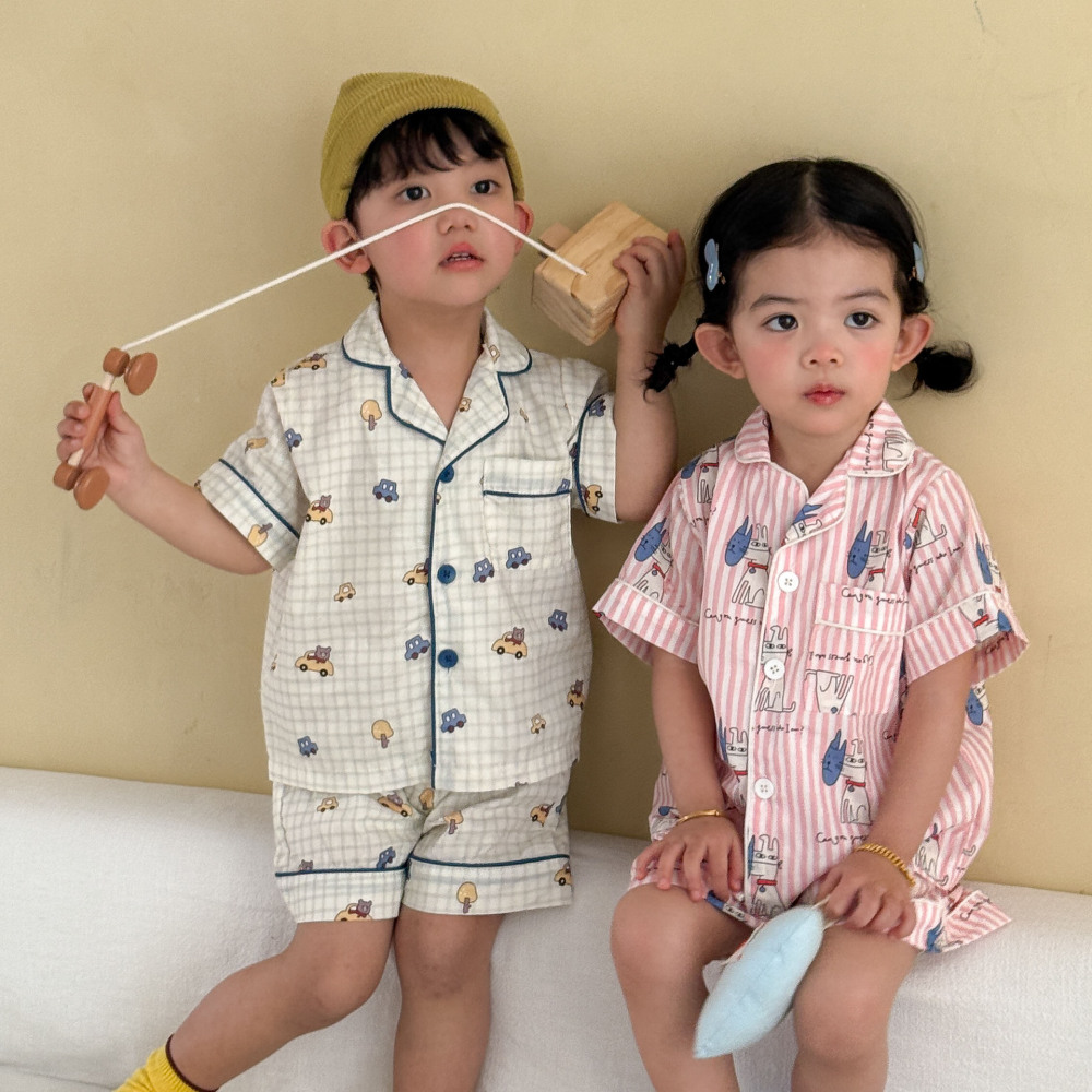 儿童睡衣夏季薄款女童条纹2026新款男童短袖裤套装小孩宝宝家居服