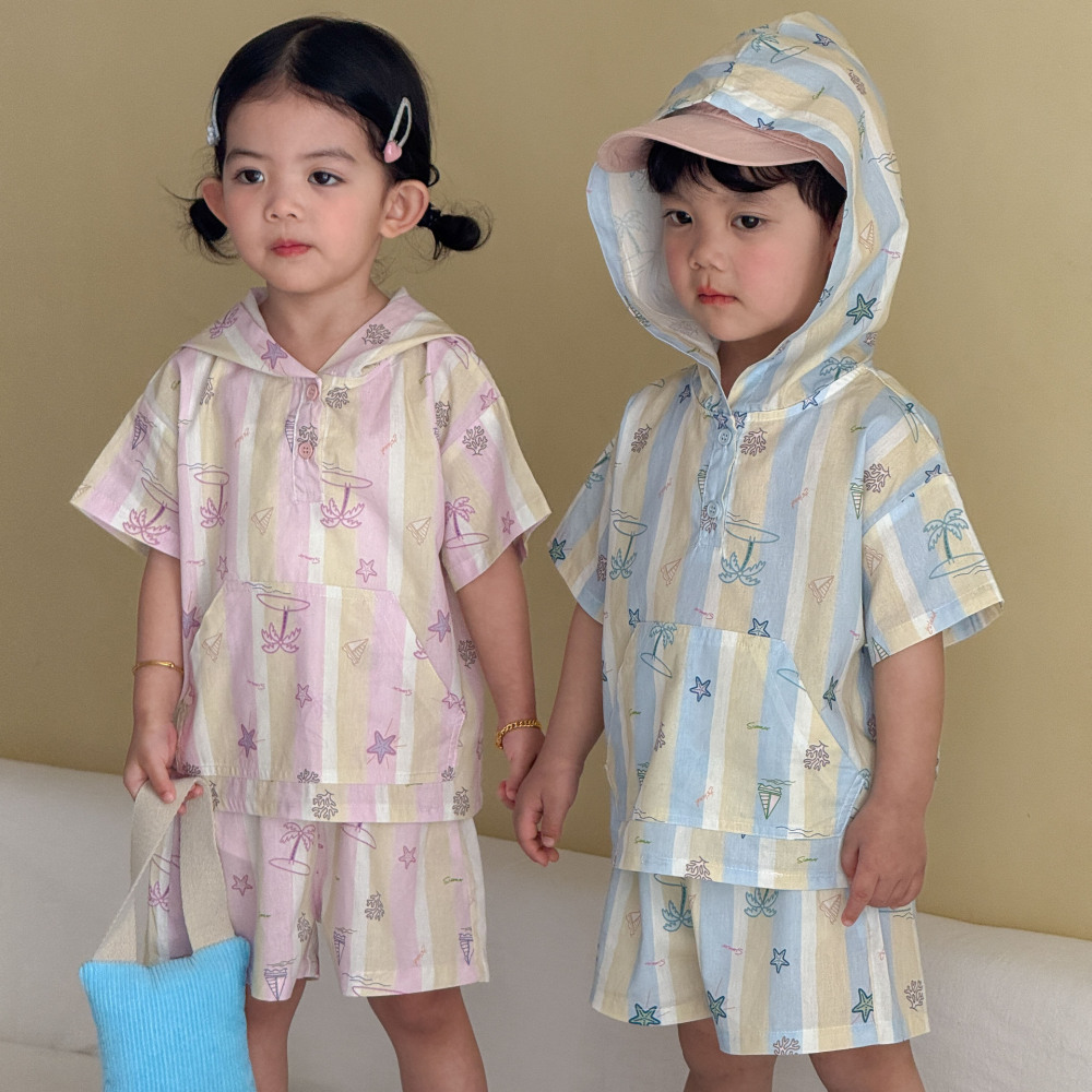 儿童夏季套装连帽女童宽松休闲条纹2026新款男童短袖短裤宝宝衣服