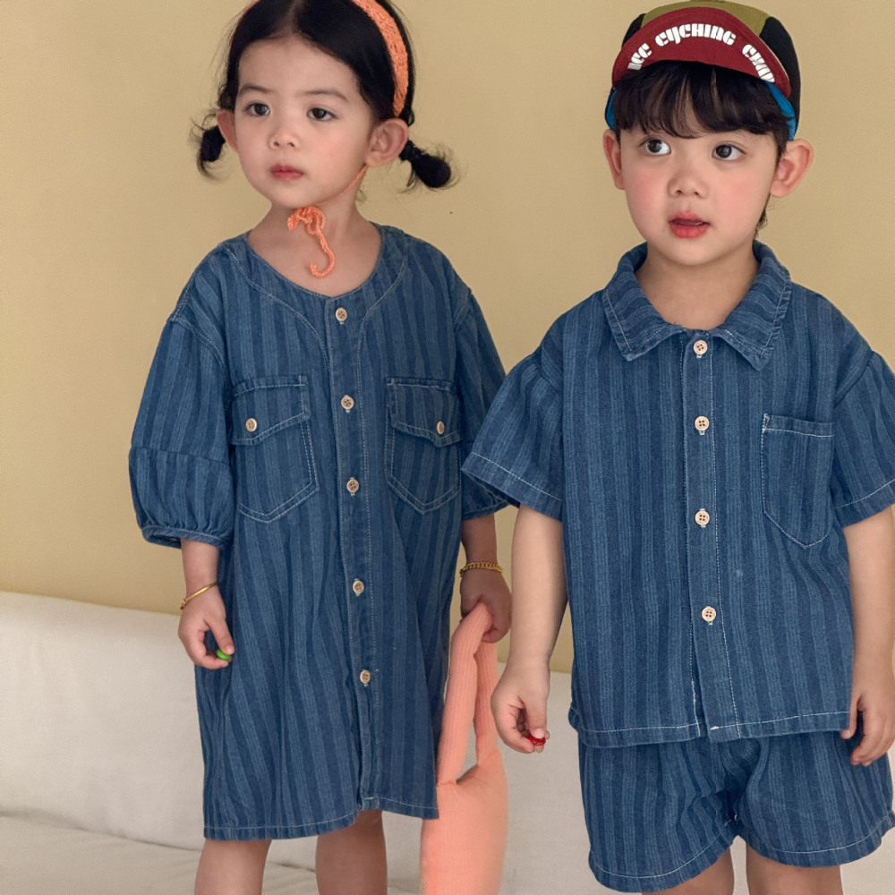 儿童夏季牛仔衬衫套装男童条纹2026新款宝宝女童连衣裙姐弟兄妹装