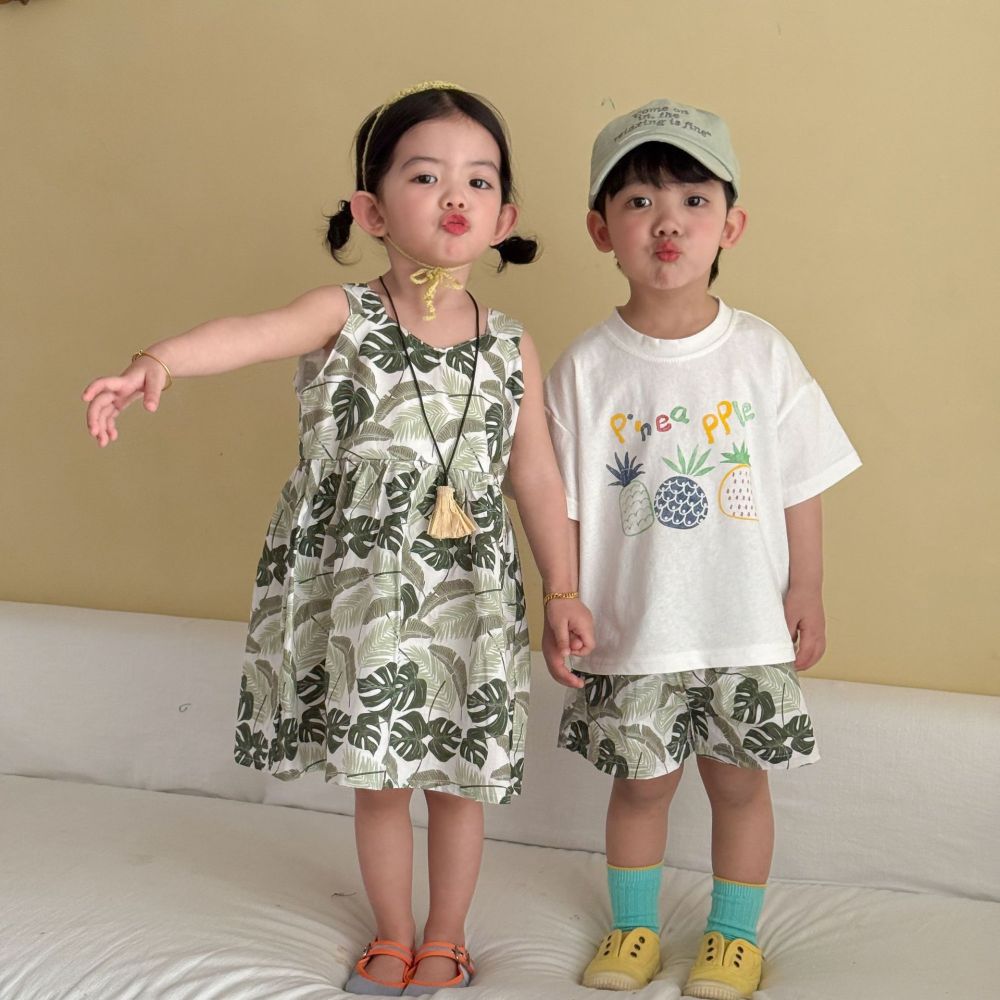 儿童夏季短袖套装男童度假2026新款宝宝女童背心连衣裙姐弟兄妹装