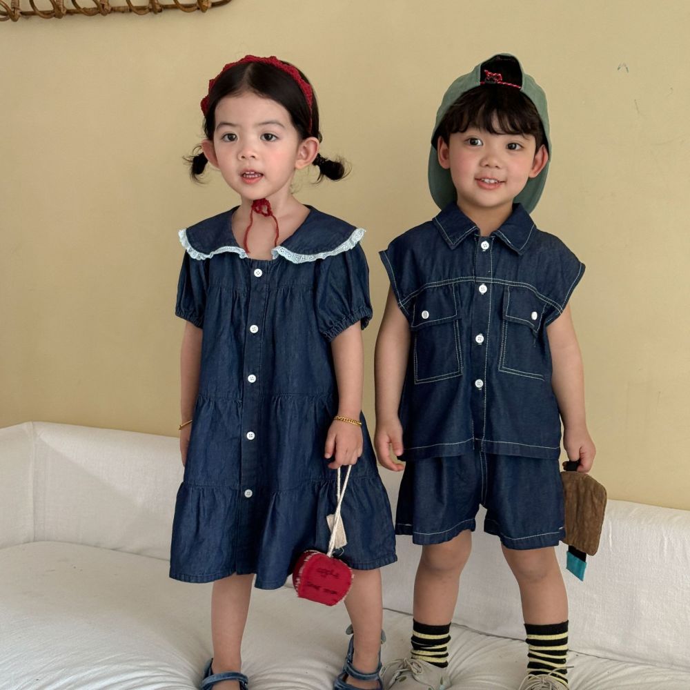 儿童夏季牛仔套装男童无袖2026新款宝宝女童短袖连衣裙姐弟兄妹装