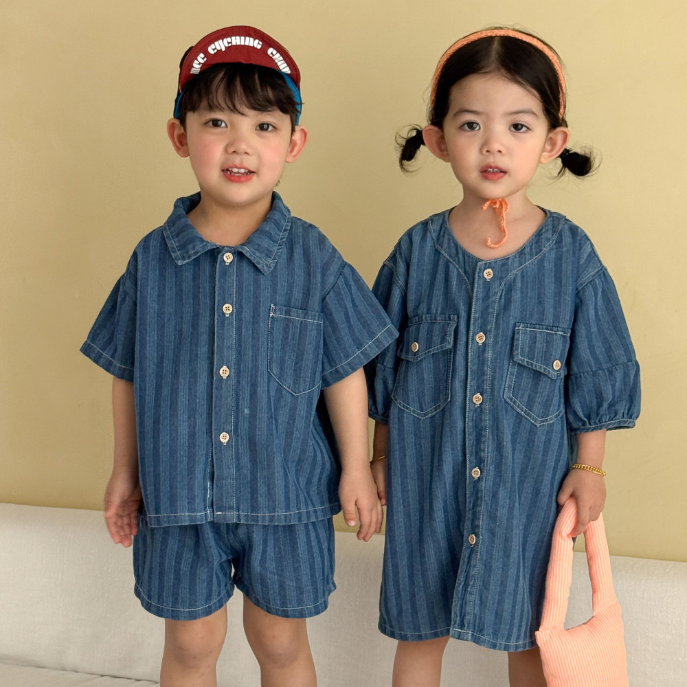 儿童夏季牛仔衬衫套装男童条纹2026新款宝宝女童连衣裙姐弟兄妹装