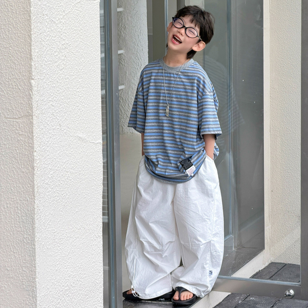 棉小铺男童夏季衣服儿童短袖t恤2026新款气质韩版清爽条纹童装潮
