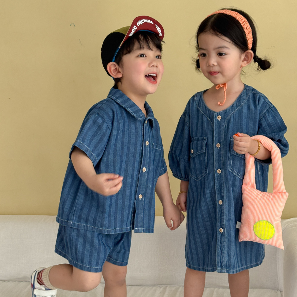 儿童夏季牛仔衬衫套装男童条纹2026新款宝宝女童连衣裙姐弟兄妹装
