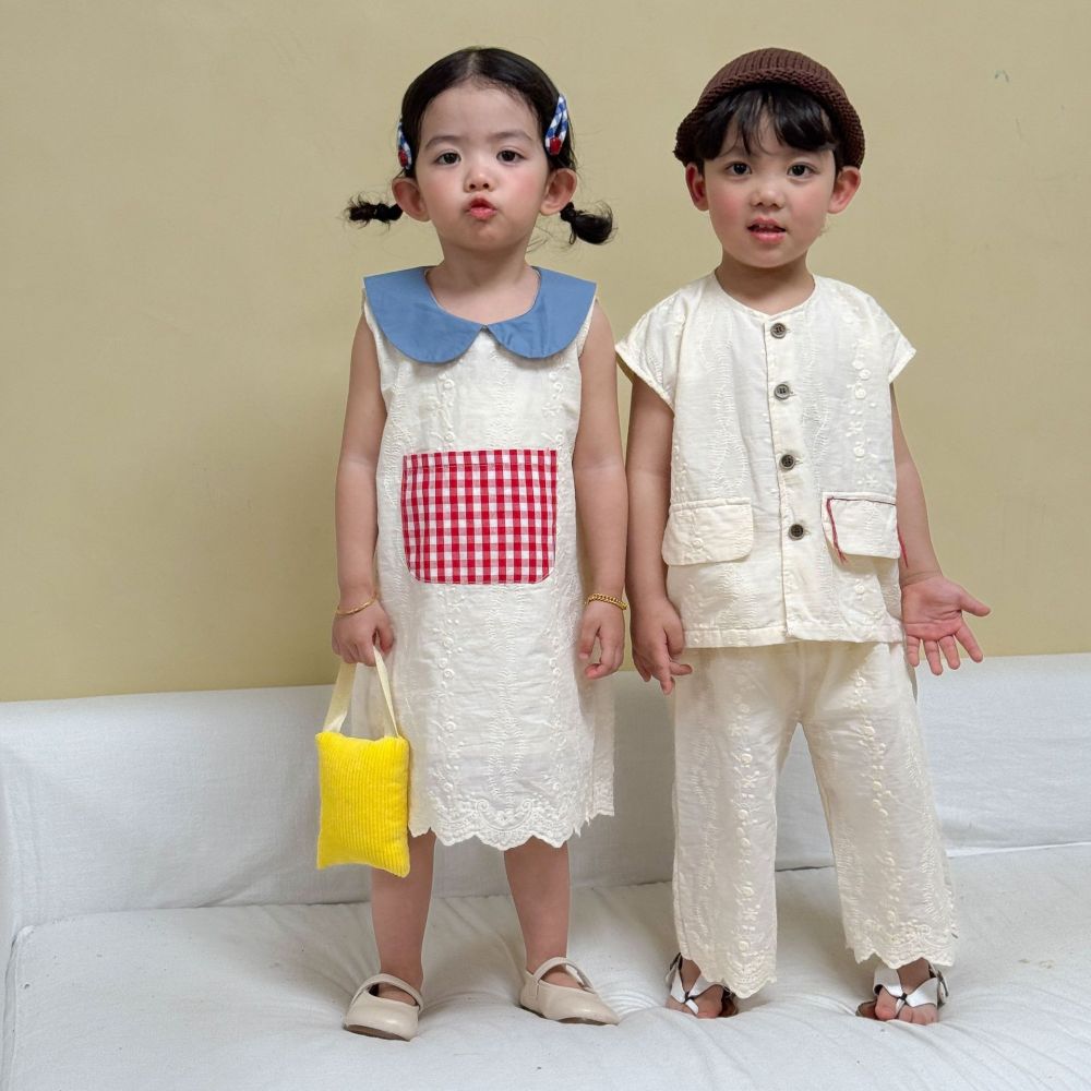 儿童夏季无袖套装男童纯棉2026新款宝宝刺绣女童背心连衣裙兄妹装