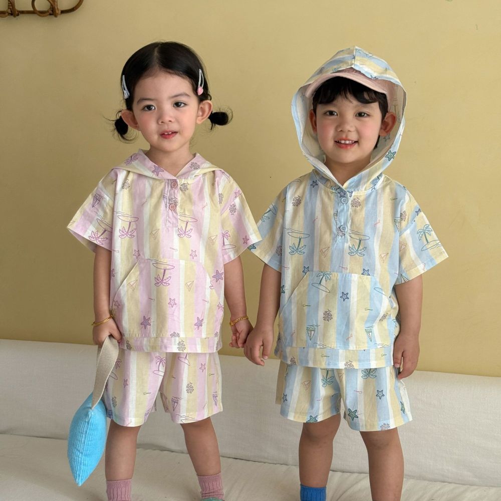 儿童夏季套装连帽女童宽松休闲条纹2026新款男童短袖短裤宝宝衣服