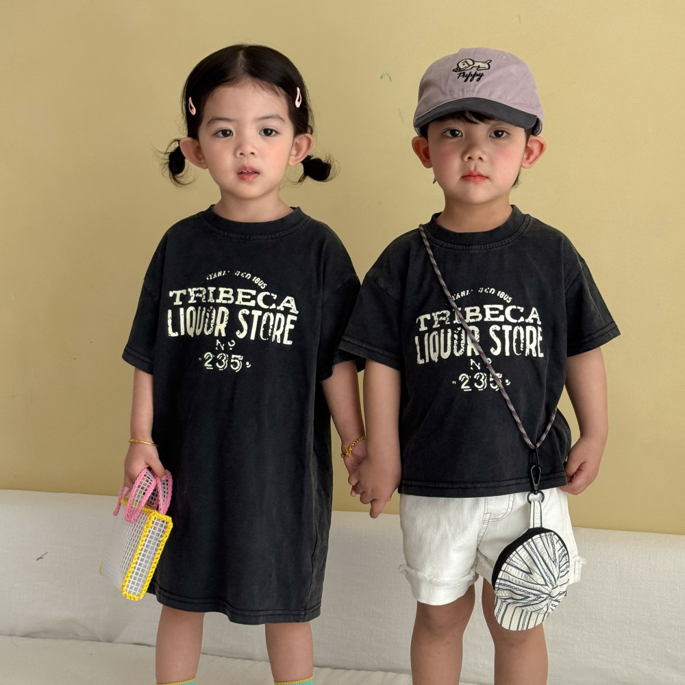 女童连衣裙夏季做旧纯棉儿童2026新款男童短袖T恤上衣宝宝兄妹装